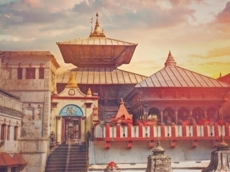 Freely walk Monkey. Votive Temples and shrines in a row at Pashupatinath Temple, Kathmandu_Spiritual Nepal