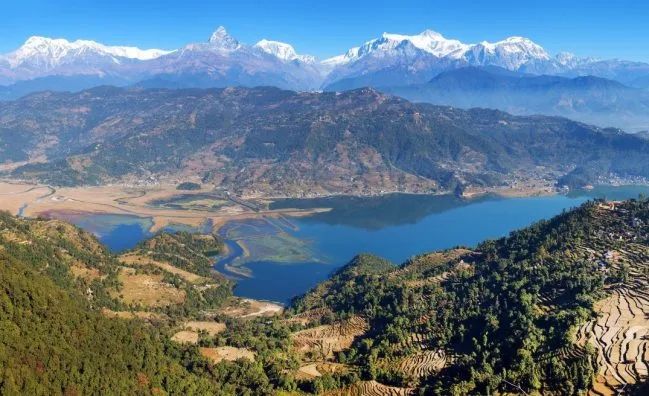 Panoramic view of Annapurna Mountain Range, Pokhara and Phewa Lake._Trek with Jungle Safari.