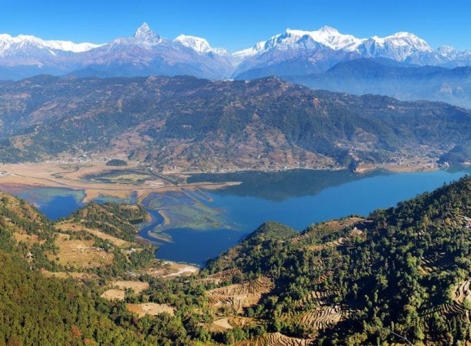Panoramic view of Annapurna Mountain Range, Pokhara and Phewa Lake._Trek with Jungle Safari.