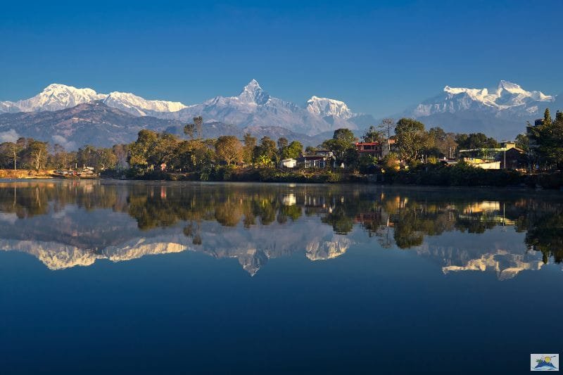 View at Annapurna Range and its Reflection in Phewa Lake in Pokhara, Nepal Visiting Nepal During Tight Schedule